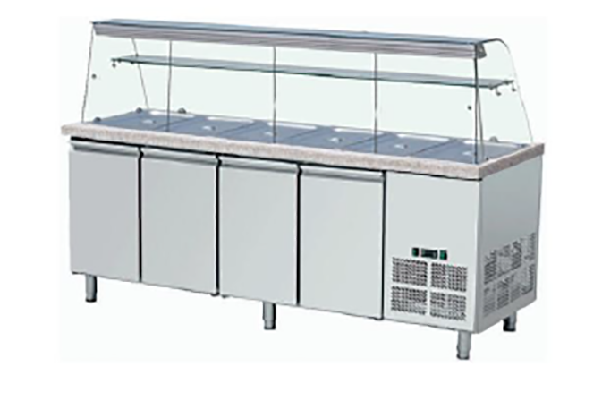 Kühltisch - 2230mm - 4 Türen - mit Glasaufsatz für 6x GN 1/1 & 1 Ablage