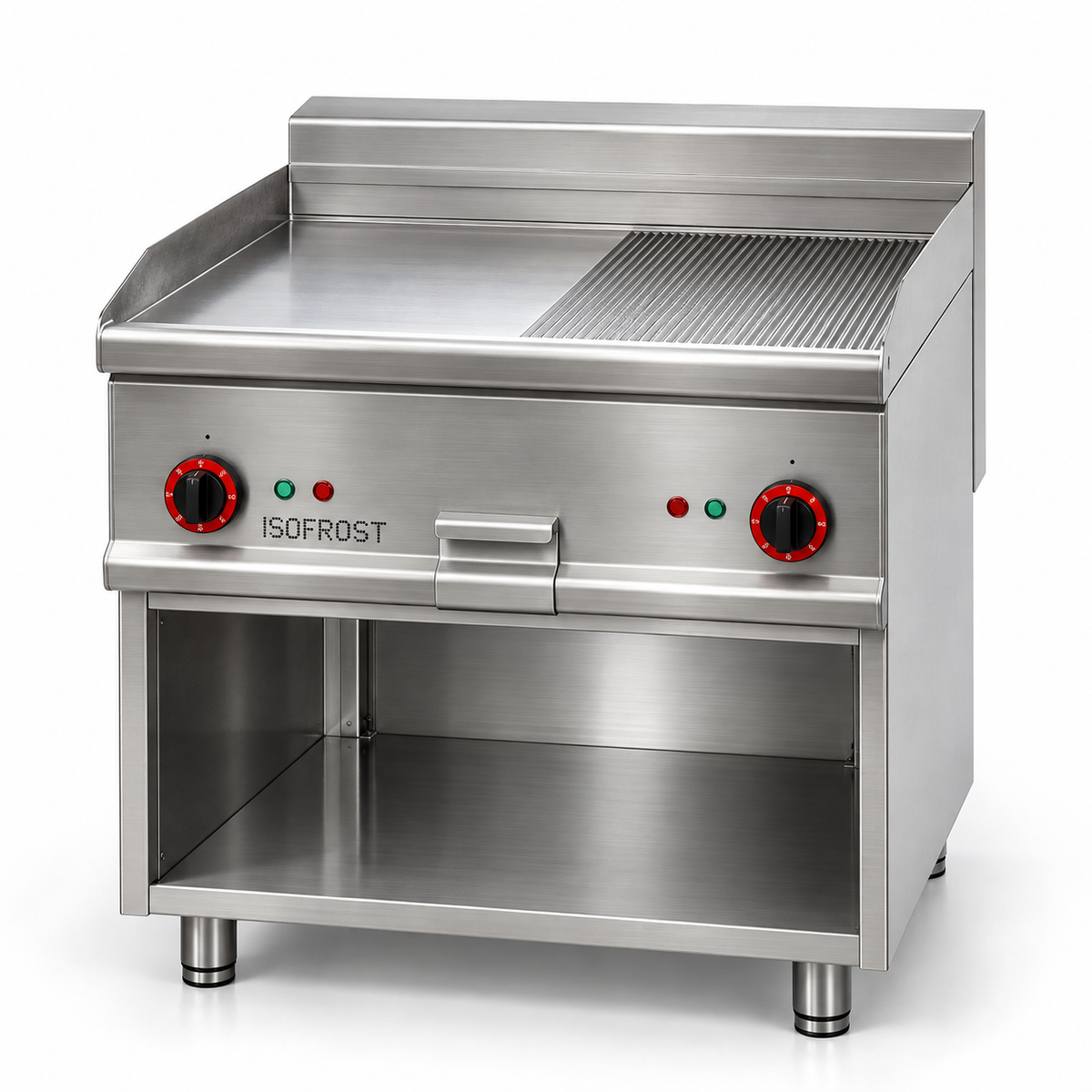 ISOFROST Elektro-Grillplatte ISO-S-GR-GL/GER-8E – halb glatt / halb gerillt – Standmodell 800 mm