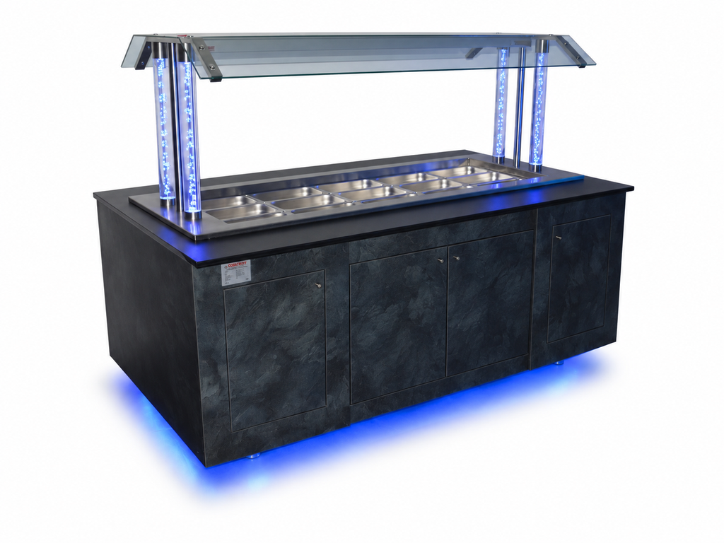 ISOFROST LED-Warmbuffet Wien mit geschlossenen Türen, blaue LED-Beleuchtung