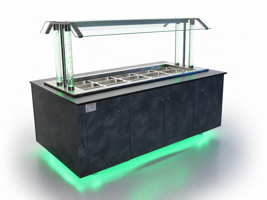 ISOFROST LED-Warmbuffet Wien mit geschlossenen Türen, grüne LED-Beleuchtung