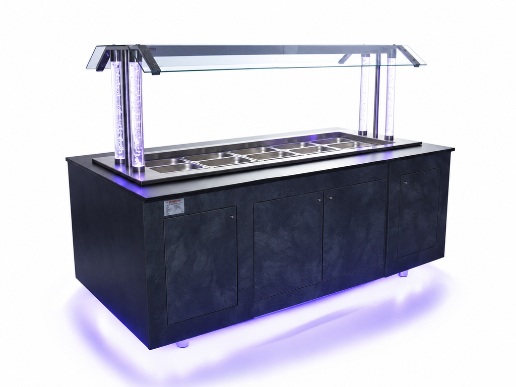ISOFROST LED-Warmbuffet Wien mit geschlossenen Türen, violette LED-Beleuchtung